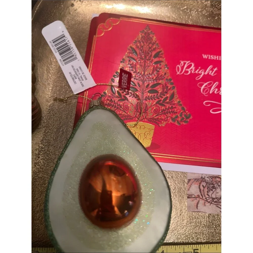 #2214*Ashland- Avocado Ornament/Glittered Glass W/Bright & Merry Christmas Card